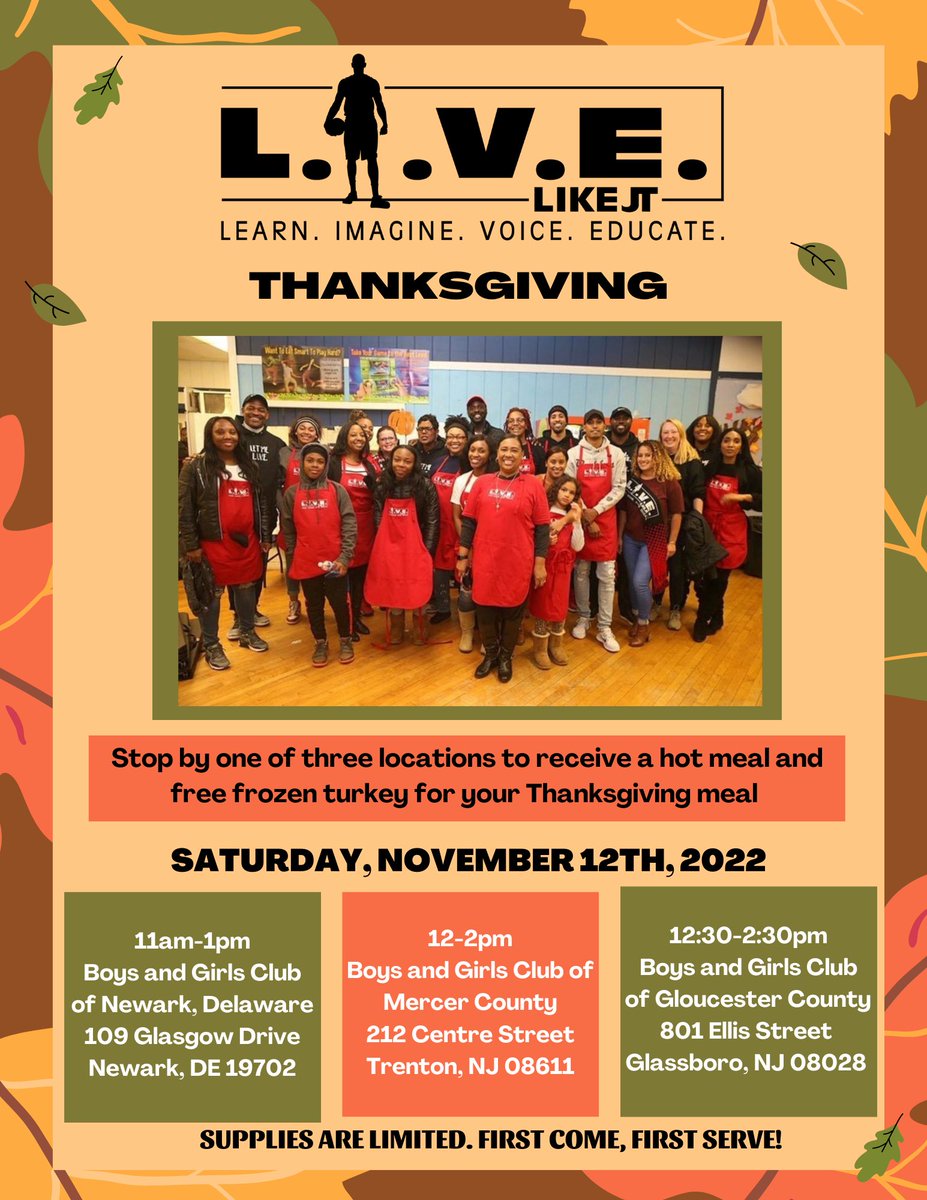 🍁 It’s that time of year..holiday szn is here🍁

Join us at one of our three locations for our annual Thanksgiving Dinner and Turkey Giveaway on Saturday November 12th. Supplies are first come, first served. 

If you are interested in volunteering, email livelikejt@gmail.com 🦃