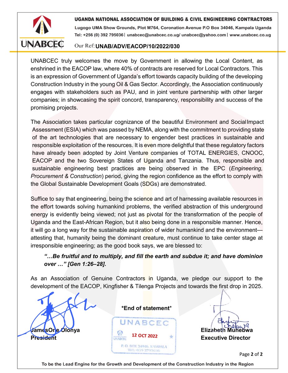 As an Association of Genuine Contractors in Uganda, we pledge our support to the development of the EACOP, Kingfisher &amp; Tilenga Projects.

Below is our statement on #SupportEACOP 👇
<a href="/KagutaMuseveni/">Yoweri K Museveni</a> <a href="/Parliament_Ug/">Parliament of Uganda</a> <a href="/MEMD_Uganda/">Ministry of Energy & Mineral Development</a> <a href="/PAU_Uganda/">PAU_Uganda</a> <a href="/UNOC_UG/">UNOC</a> <a href="/TotalEnergiesUG/">TotalEnergies Uganda</a> <a href="/CNOOCUgandaLtd/">CNOOC Uganda Limited</a>