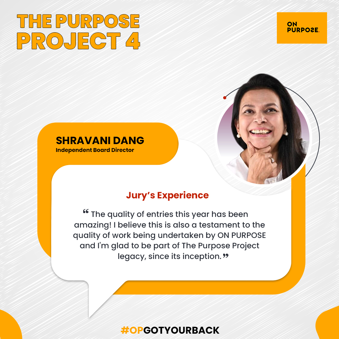 OnPurposeComms's tweet image. Our jury member for The Purpose Project 4, Shravani Dang @Comms101 lauded ON PURPOSE for undertaking this initiative that promotes social change.

#ThePurposeProject #4thEdition #OPGotYourBack #Communication #SocialChange #NGO