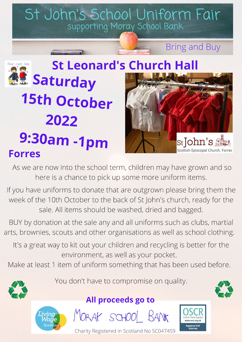The next uniform fair is in Forres this Saturday the 15th at St Leonards Church, there will be plenty of school uniform plus some halloween costumes we were donated from last year!