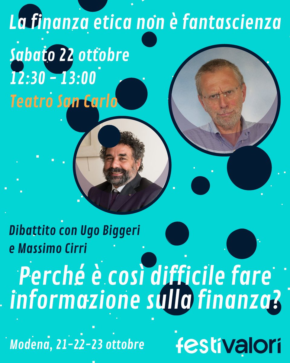 A Modena dal 21 al 23 ottobre la 1^ edizione del festival di <a href="/Valori_it/">Valori.it</a>. 
Sabato 22 al Teatro San Carlo dalle 12:30 alle 13 parlano di informazione e finanza <a href="/ubiggeri/">Ugo Biggeri</a>, Presidente di Etica e <a href="/MassimoCirri/">Massimo Cirri</a>, <a href="/caterpillarrai/">Caterpillar Radio2</a>. 
Maggiori info sul programma qui: festival.valori.it