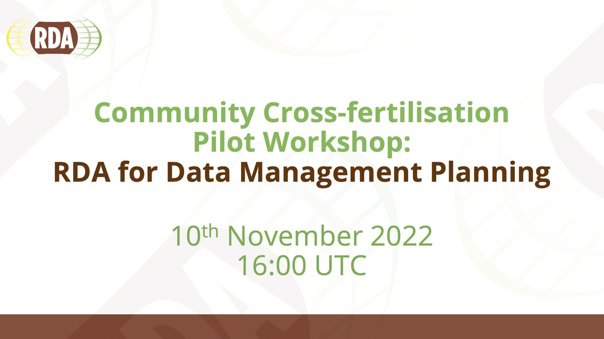 Join our pilot Community Cross-fertilisation Workshop: RDA for Data Management Planning 📆 Thursday, 10 November ⌚️ 16:00-17:45 UTC We'll discuss challenges, solutions & initiatives associated with #DMPs! Read more: bit.ly/RDA4DMPs Register: bit.ly/3yA2qfN