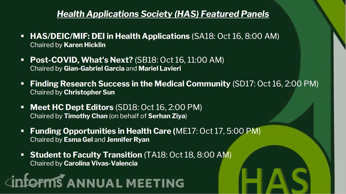 informshas's tweet photo. HAS is much looking forward to these Featured Panel Sessions on a variety of important topics 🤩 #informs2022 #healthapplications @HASstudent @informs https://t.co/vi0FI58yac