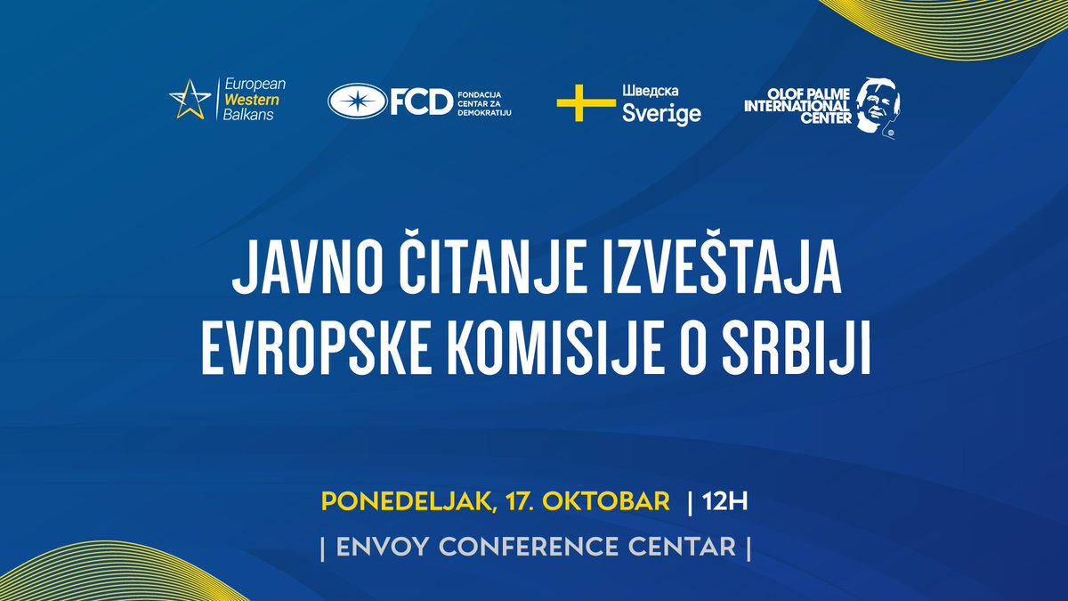 🇪🇺🇷🇸 Tradicionalno „Javno čitanje izveštaja EK o Srbiji 2022“, u organizaciji <a href="/CentarOnline/">Centar Online (FCD)</a> <a href="/csp_ccp/">Centar savremene politike 🇷🇸 🇪🇺</a>, uz podršku @PalmeCenter

🕛 17.10.2022. || 12-14h

Info i agenda ↘️ centaronline.org/sr/dogadjaj/12…

#EU #izvestajEK #EUintegracije #reforme #civilnoDrustvo <a href="/EWB_rs/">European Western Balkans 🇷🇸</a> <a href="/EWB_eu/">European Western Balkans 🇪🇺</a>