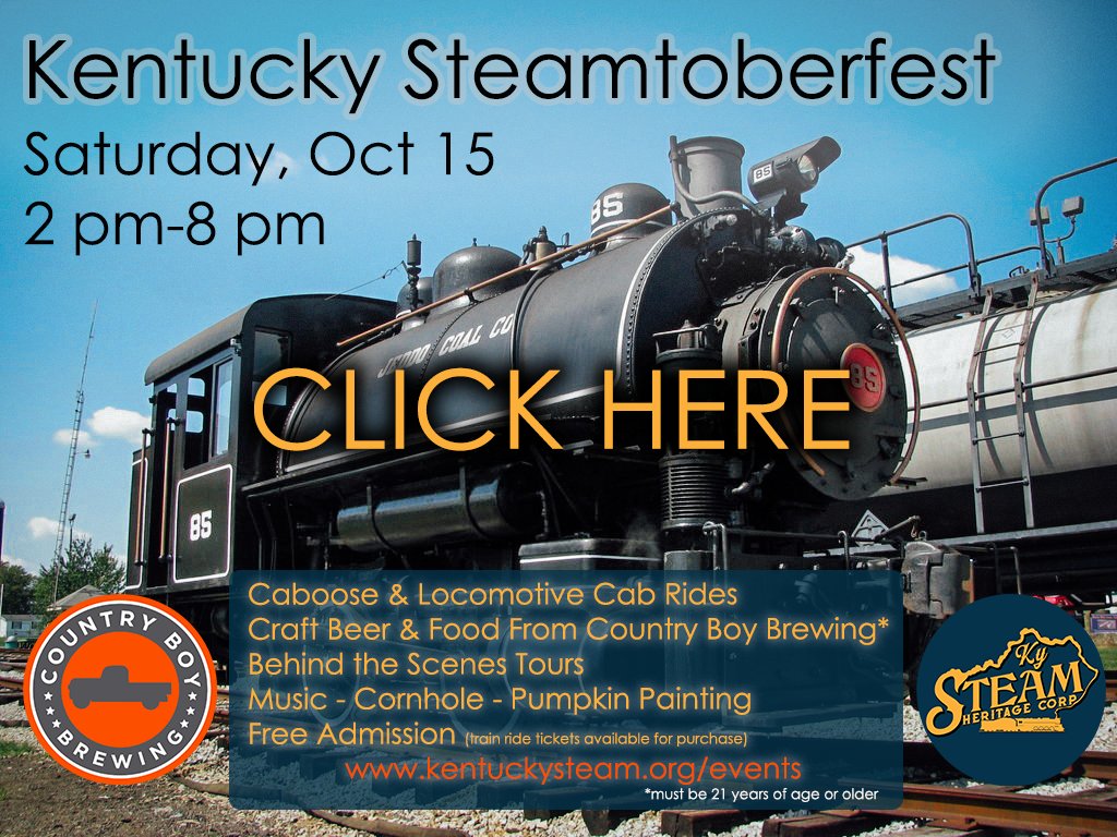 CountryBoyBrew's tweet photo. Get ready for Steamtoberfest by @kentuckysteam this weekend!  Join us at The Yard in Irvine this Saturday from 2-8PM for train rides, tours, music, and of course Country Boy Beer.

#forthecountry #steamtoberfest #kysteam #drinkcountryboy https://t.co/jqWtqTzfSL