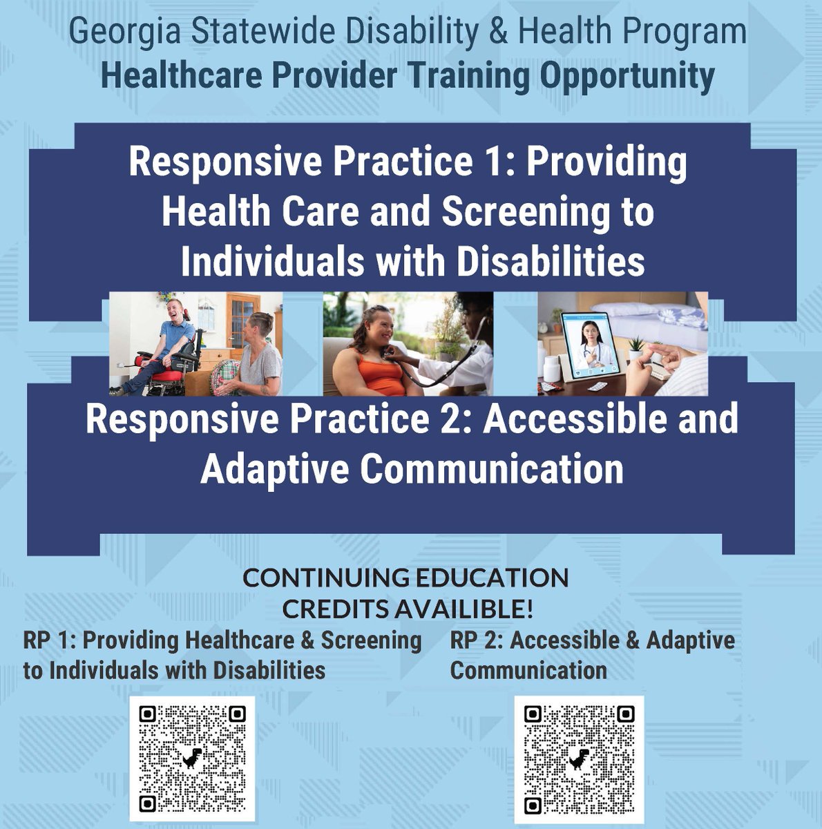 The GA Statewide Disability &amp; Health Program at CLD invites all healthcare providers, workers, &amp; staff to 2 FREE virtual trainings! These trainings provide info about addressing &amp; removing barriers to health care for individuals with disabilities. For more info, ssmith387@gsu.edu