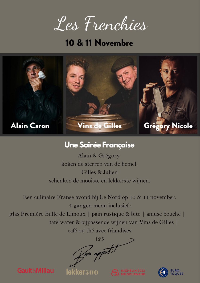 🇫🇷 𝙻𝚎𝚜 𝙵𝚛𝚎𝚗𝚌𝚑𝚒𝚎𝚜 🇫🇷
Zijn ze niet knap deze 4 Fransen? Naast het feit dat het 4 geweldige mannen zijn kunnen ze ook fantastisch koken en weten ze alles over Franse wijn! 
10 &amp; 11 november “Une Soirée Française” 
    
Reserveer snel je tafel ⬇️

bitly.ws/vkmt