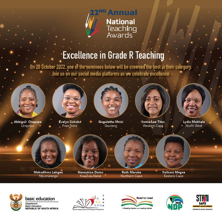 DBE_SA's tweet photo. The DBE wishes to salute all schools and teachers who have entered the 2022 #NationalTeachingAwards. 

Winners have already been selected by a national adjudication panel and will be announced during a ceremony to be held on 20 October 2022.

We present the nominees of #NTA22! https://t.co/roKOR6Q0AW