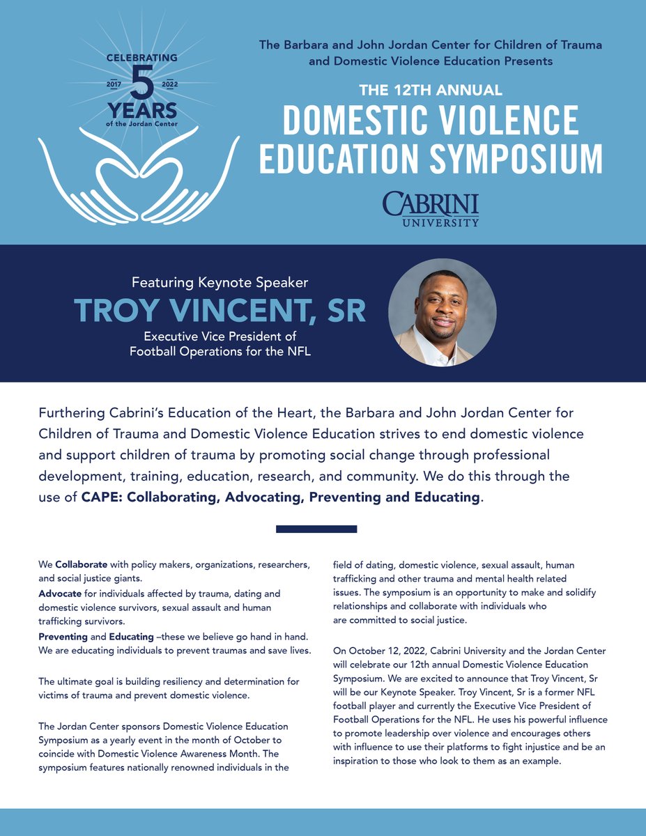 TroyVincentSr's tweet image. I am honored to be the keynote speaker today at @cabriniuniv’s Jordan Center Domestic Violence Education Symposium where I will talk about using the power of leadership to #EndDV. 

#DVAM | cabrini.edu/dveducation