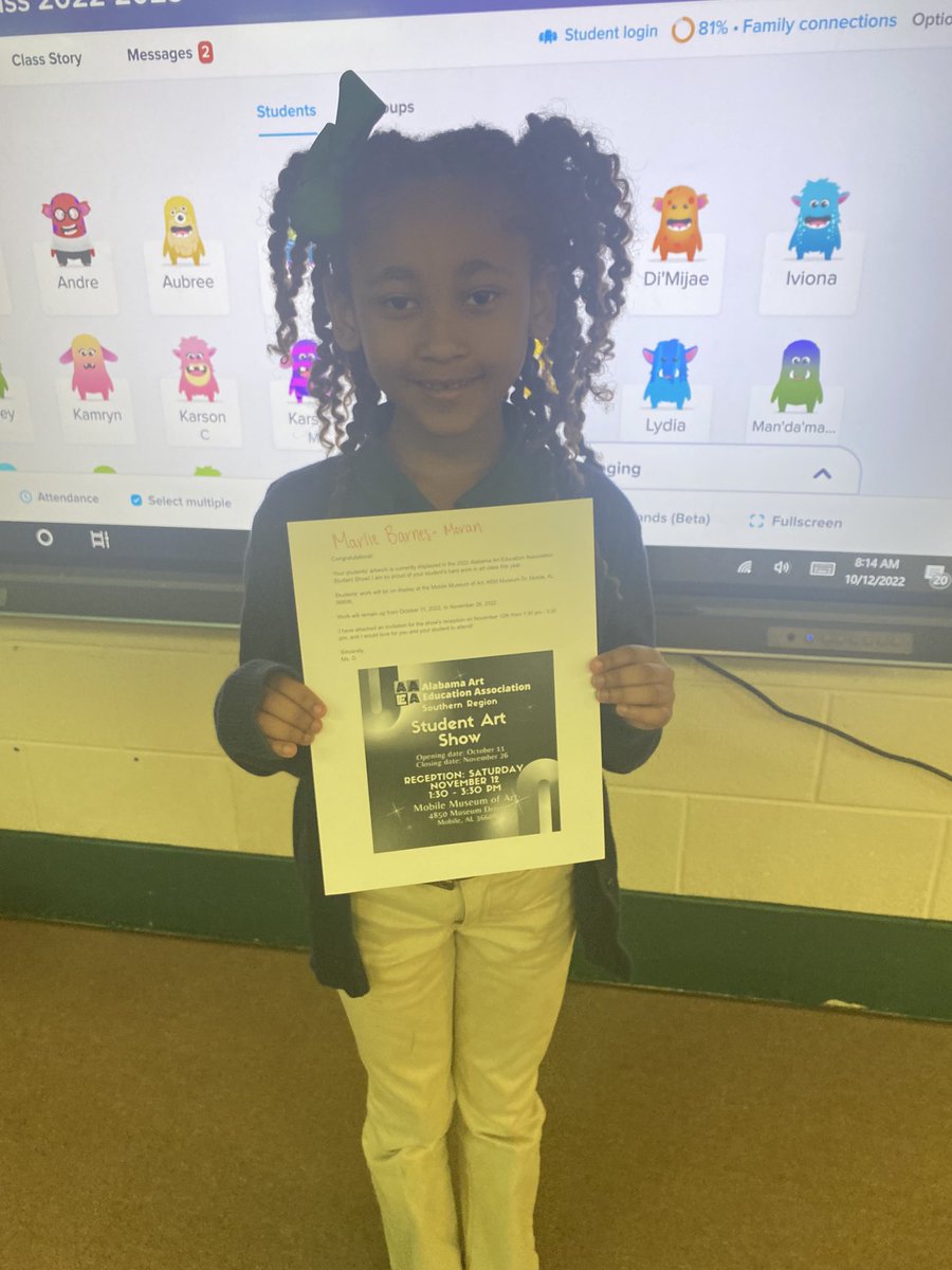 Congratulations to Marlin on having her artwork published at the Mobile Museum of Art. ⁦<a href="/DicksonTigers/">E.R. Dickson Tigers</a>⁩