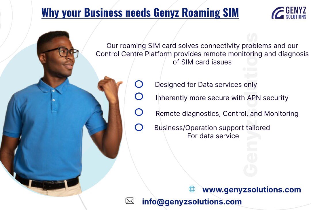 GenyzT's tweet photo. Why your Business needs Genyz Roaming SIM

-Designed for Data services only 
-Inherently more secure with APN security 
-Remote diagnostics, Control, and Monitoring.
- Business/Operation support tailored for Data service.

#genyzsolutions #roamingsims #iot #connectivity https://t.co/VtcrFRzlzO