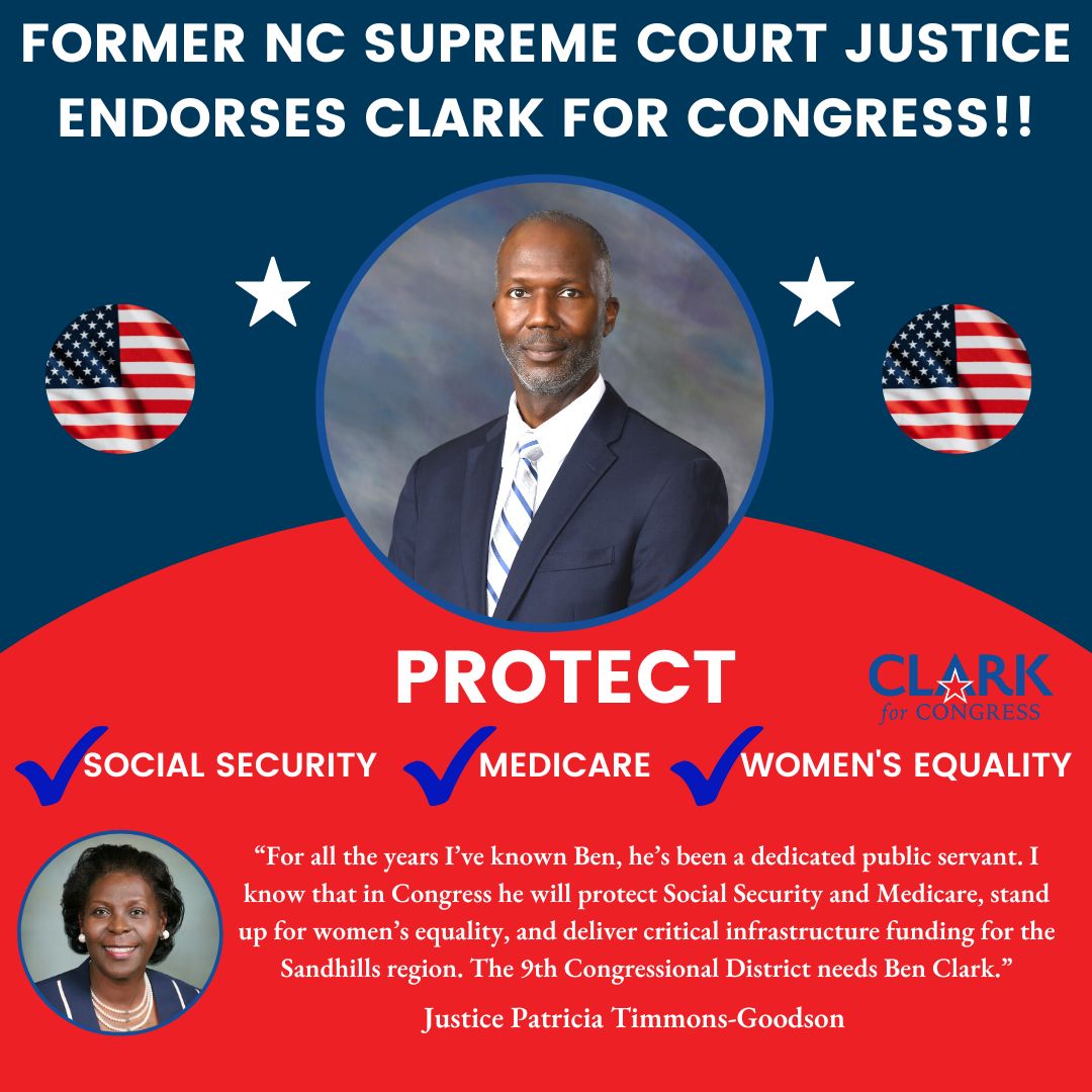 Former NC Supreme Court Justice Endorses Clark for Congress!! Timmons-Goodson: "The 9th Congressional District needs Ben Clark."
#NC09 #ncpol BenClarkNC.com