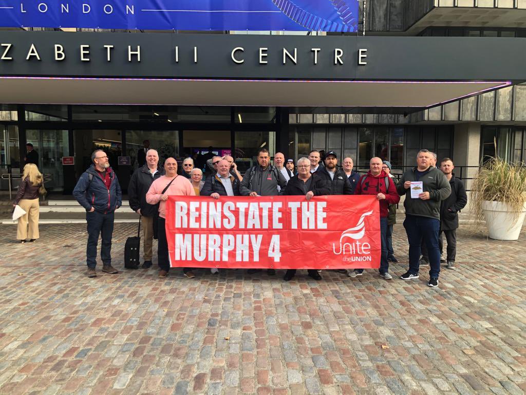 UniteConsROI's tweet photo. 4 Unite members, incl union rep, found there’s #MoretoMurphy when sacked on what we believe to be spurious grounds by @jmurphyandsons Irish subsidiary. Today activists took a message to Londons QE2 conf centre where #OneMurphy representative was speaking: Reinstate the #Murphy4 https://t.co/ArYstQHnv2