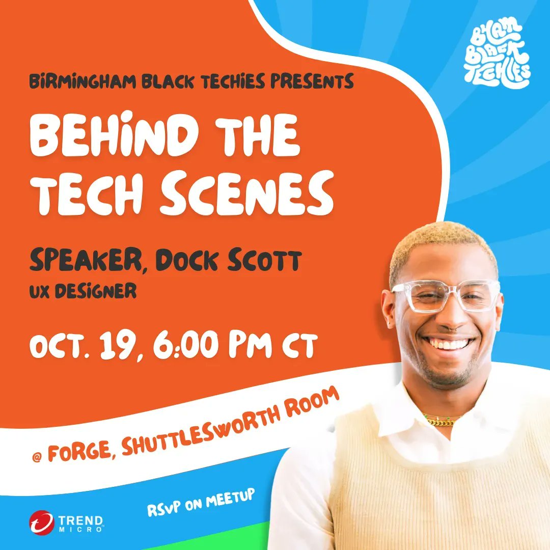 Join us for our kick-off  for the Behind the Tech Scenes speaker series with Dock Scott on 10/19 at 6:00pm. Dock is a talented UX Designer at a FAANG company! He will share his tech journey and discuss what happens after getting your first tech job.
bit.ly/bbt-oct