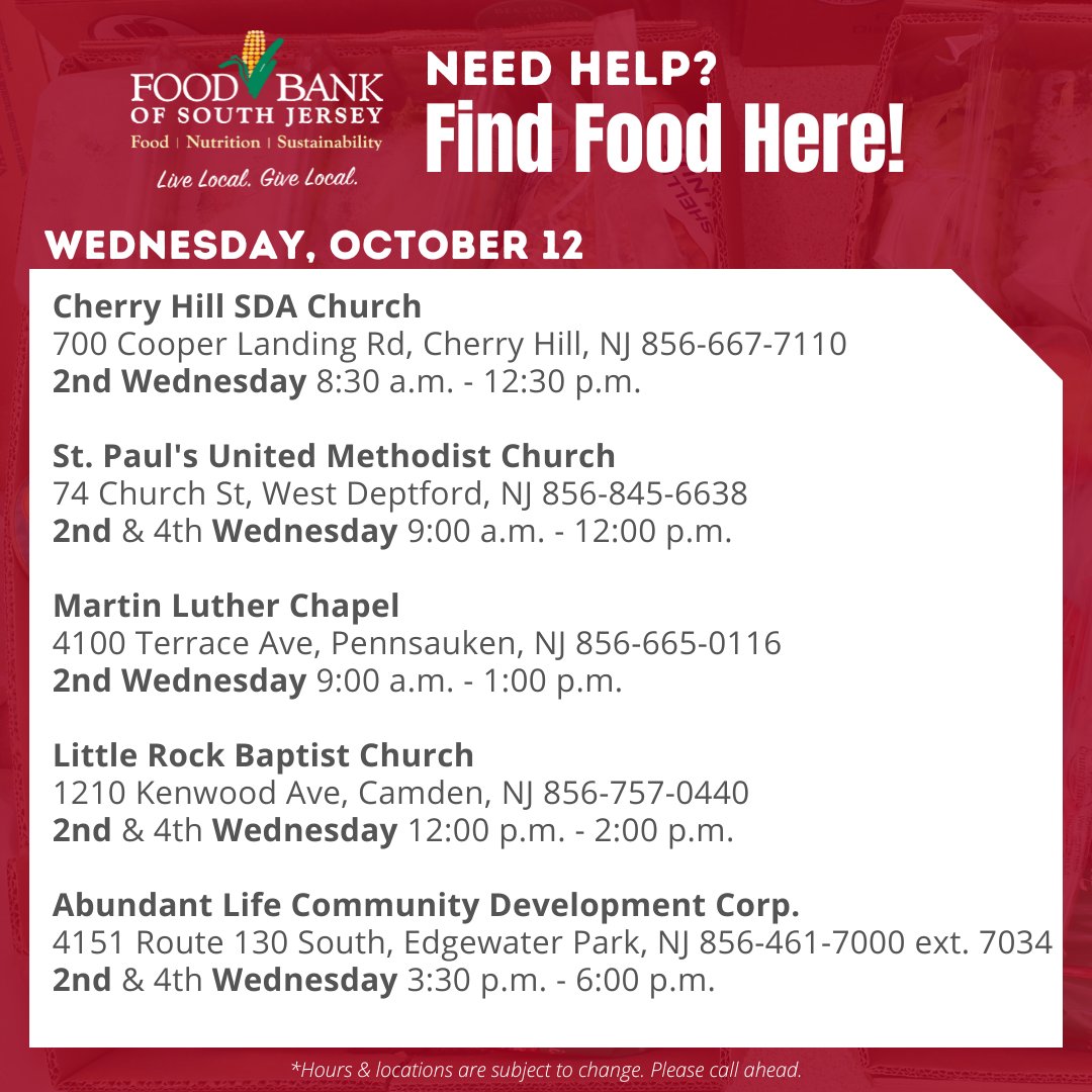 Need food assistance? Here are a few distributions taking place 𝗧𝗢𝗗𝗔𝗬, Wednesday, October 12. Find more locations & dates at foodbanksj.org/food. Hours & locations are subject to change. 𝗣𝗹𝗲𝗮𝘀𝗲 𝗰𝗮𝗹𝗹 𝗮𝗵𝗲𝗮𝗱. #bettertogether #food #feedSJ #findfood #foodbank