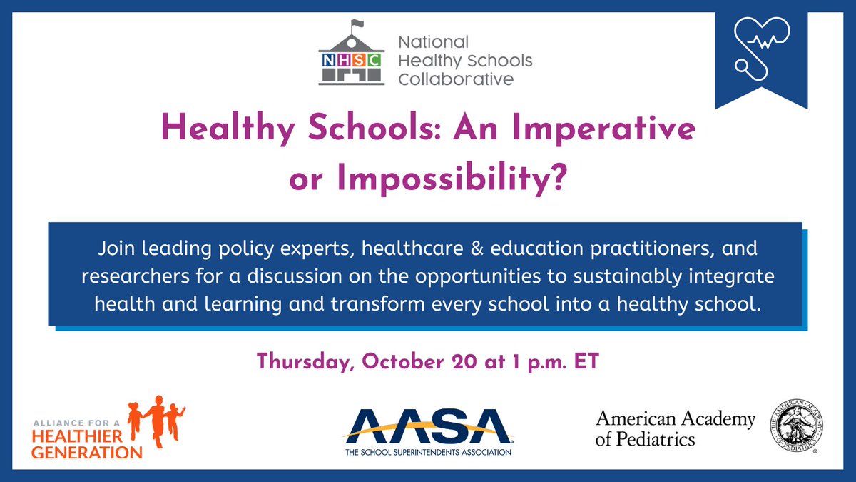 AASAdvocacy's tweet photo. A school that advances mental, physical, social and emotional wellbeing of Ss &amp; educators is imperative to improving learning—but how do we create and maintain a healthy school? Join @SPudelski, @ecook_SEH and @AmerAcadPed's Stephanie Domain to find out: https://t.co/hgjZ9NH9P8 https://t.co/GS9A0Wiwrk