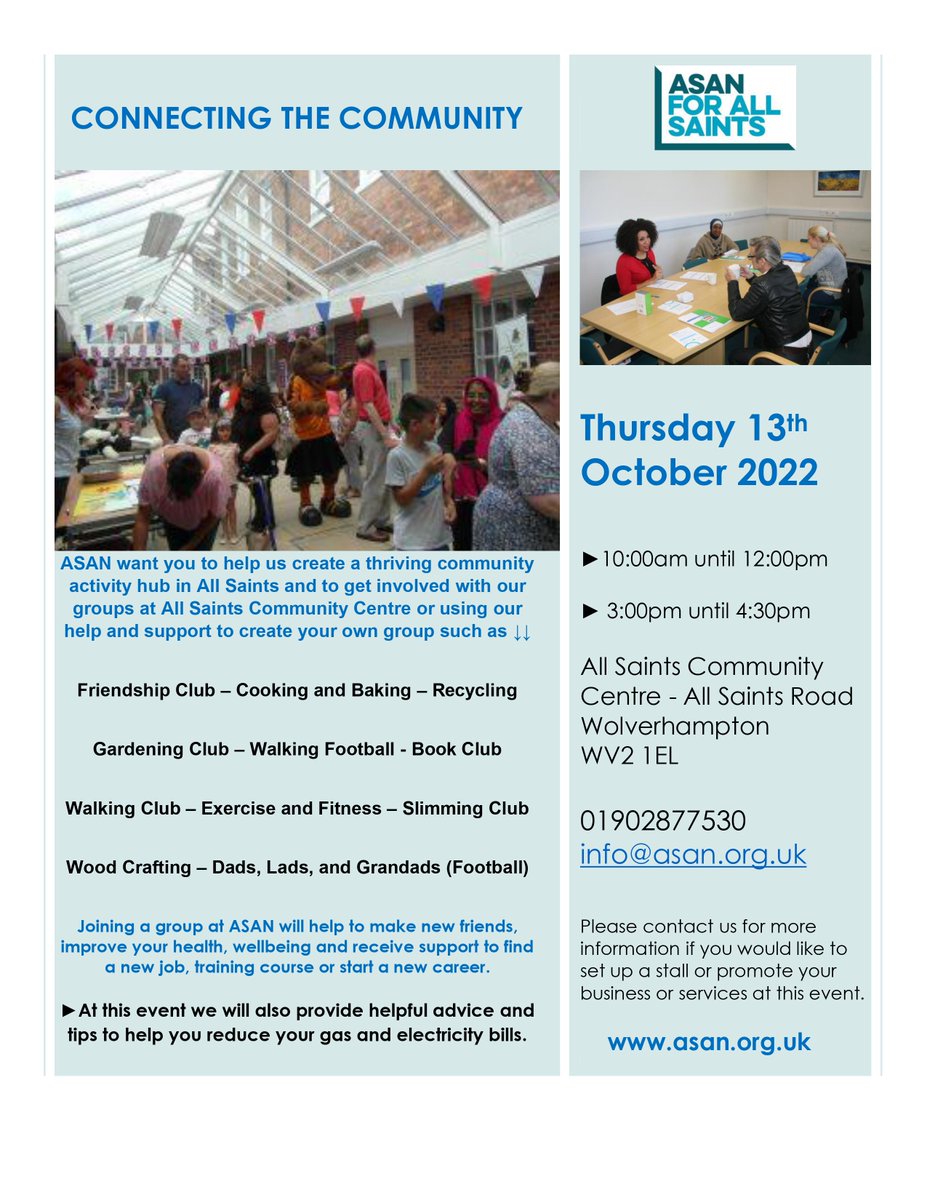 For anyone who is interested in setting a community group in All Saints. Please come along to The Connecting Communities Event Thursday 13th October 2022 at 10:00am – 12:00pm or 3:00pm – 4:30pm