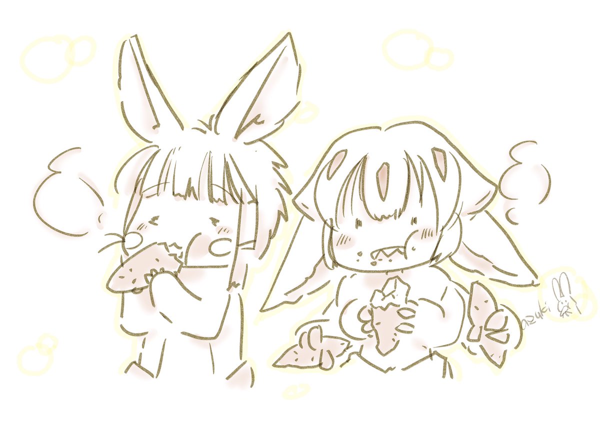 ナナチ(メイドインアビス) 「焼き芋を食べるナナチとファプタ sweet potatoファプタのお尻の香りはふ」|うらべあづきのイラスト