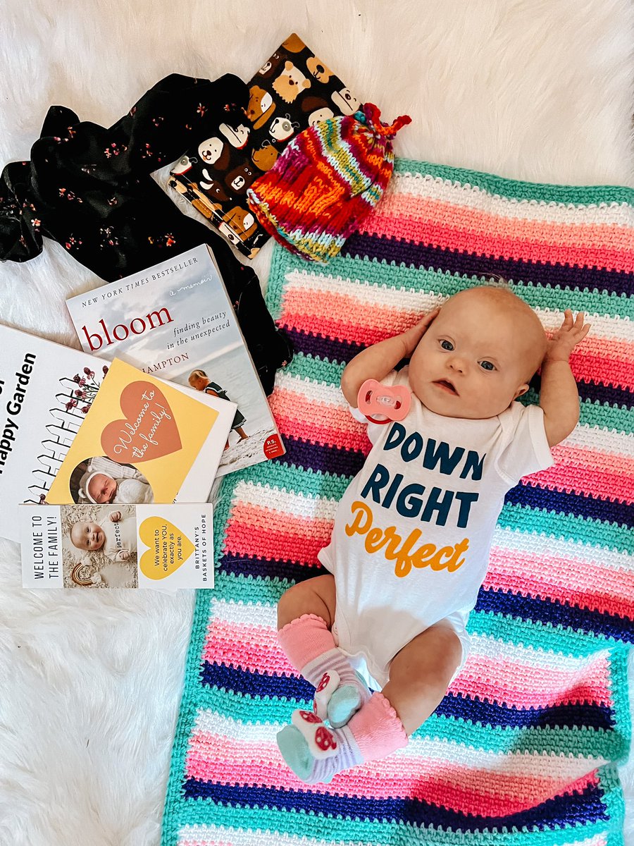 vegannabananna's tweet photo. Adalynn was sent these beautiful hand knit items as well as all the other gifts here by @BrittanyBaskets and we’re feeling so loved and supported #DownSyndromeAwarenessMonth https://t.co/NTeeOBnG9S