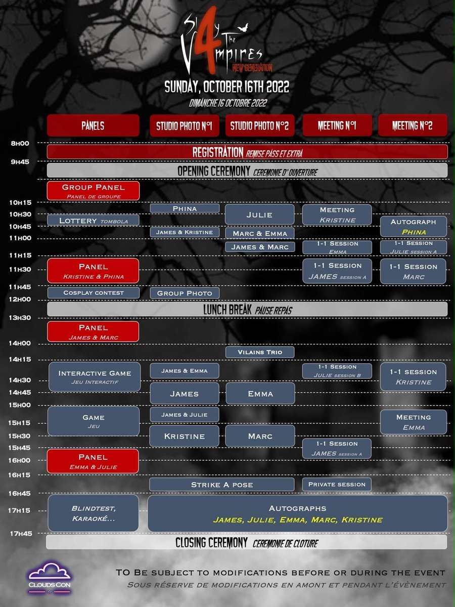 CloudsCon's tweet photo. #STV4 🧛‍♂️

Voici le planning de l’événement ! / Here’s the schedule of the event ! 

⚠️ Ce planning peut être sujet à des modifications durant l’événement / This schedule can be modified during the event.

Les instructions arrivent ! / The instructions are coming soon ! https://t.co/h3B76I7nwK