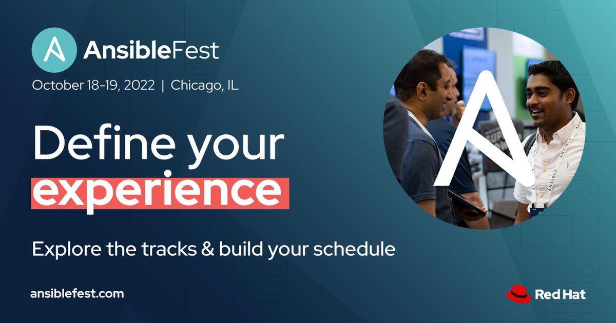 RedHat's tweet photo. Define your #AnsibleFest 2022 experience by building your agenda ahead of the event. From keynotes to interactive sessions, there are plenty of ways to see—and shape—where #automation is headed. https://t.co/Wvxtg9hNqa https://t.co/ScDmdUQVAS