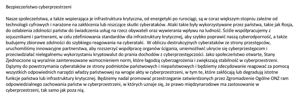 Nawiązując do dzisiejszych dyskusji podczas #Cyber24Day <a href="/CyberDefence24/">CyberDefence24</a> dotyczących #cyberodporności polecam lekturę właśnie opublikowanej przez <a href="/WhiteHouse/">The White House</a> whitehouse.gov/wp-content/upl…, a w niej wiele odniesień do kwestii #cyber - w tym na str. 34 Bezpieczeństwo Cyberprzestrzeni