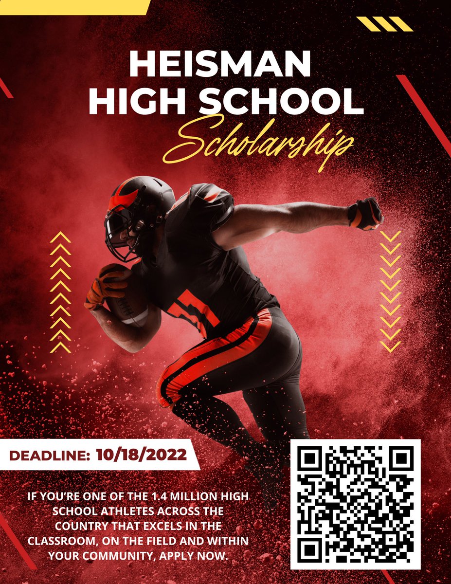 SMHS College & Career Center (@smhs_ccc) on Twitter photo You can earn up to $10,000 if you have are a high school senior who meets the following:
3.0+ GPA
Play or have played sport(s) for your high school
Leader on and off the field
Deadline: October 18th
heismanscholarship.com You can earn up to $10,000 if you have are a high school senior who meets the following:
3.0+ GPA
Play or have played sport(s) for your high school
Leader on and off the field
Deadline: October 18th
heismanscholarship.com