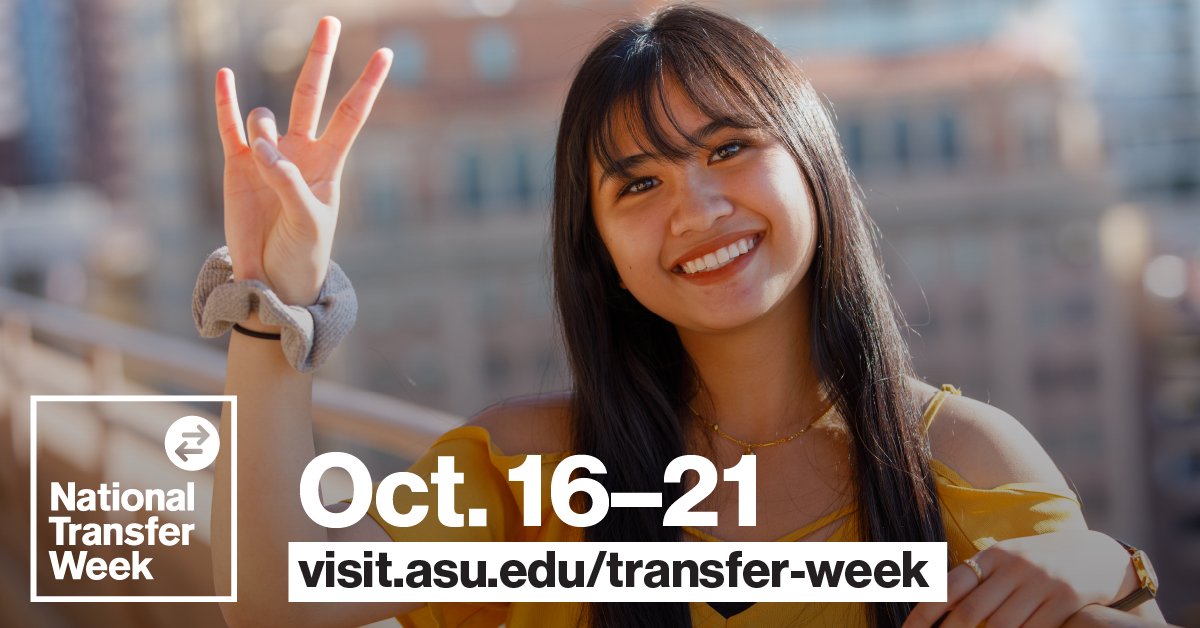 FutureSunDevils's tweet photo. National #StudentTransferWeek starts this Sunday! Choose from more than 30 sessions where you’ll learn how to transfer your credits to ASU, explore degree programs and interact with current students.

Register today: https://t.co/P3aftF5R0N https://t.co/CvTfhD2k3Z