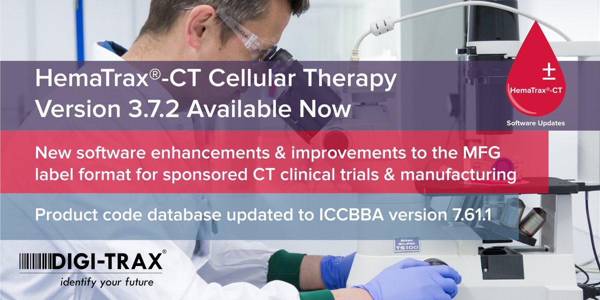 Digi_Trax's tweet photo. #HemaTraxCT #CellularTherapy labeling software users: HemaTrax-CT v3.7.2 is here. Included are several improvements, ICCBBA product codes v7.61.1 and enhancements to the MFG label format used for sponsored CT clinical trials &amp; manufacturing: https://t.co/avP0MZfd5m https://t.co/WF6YaeNzAX
