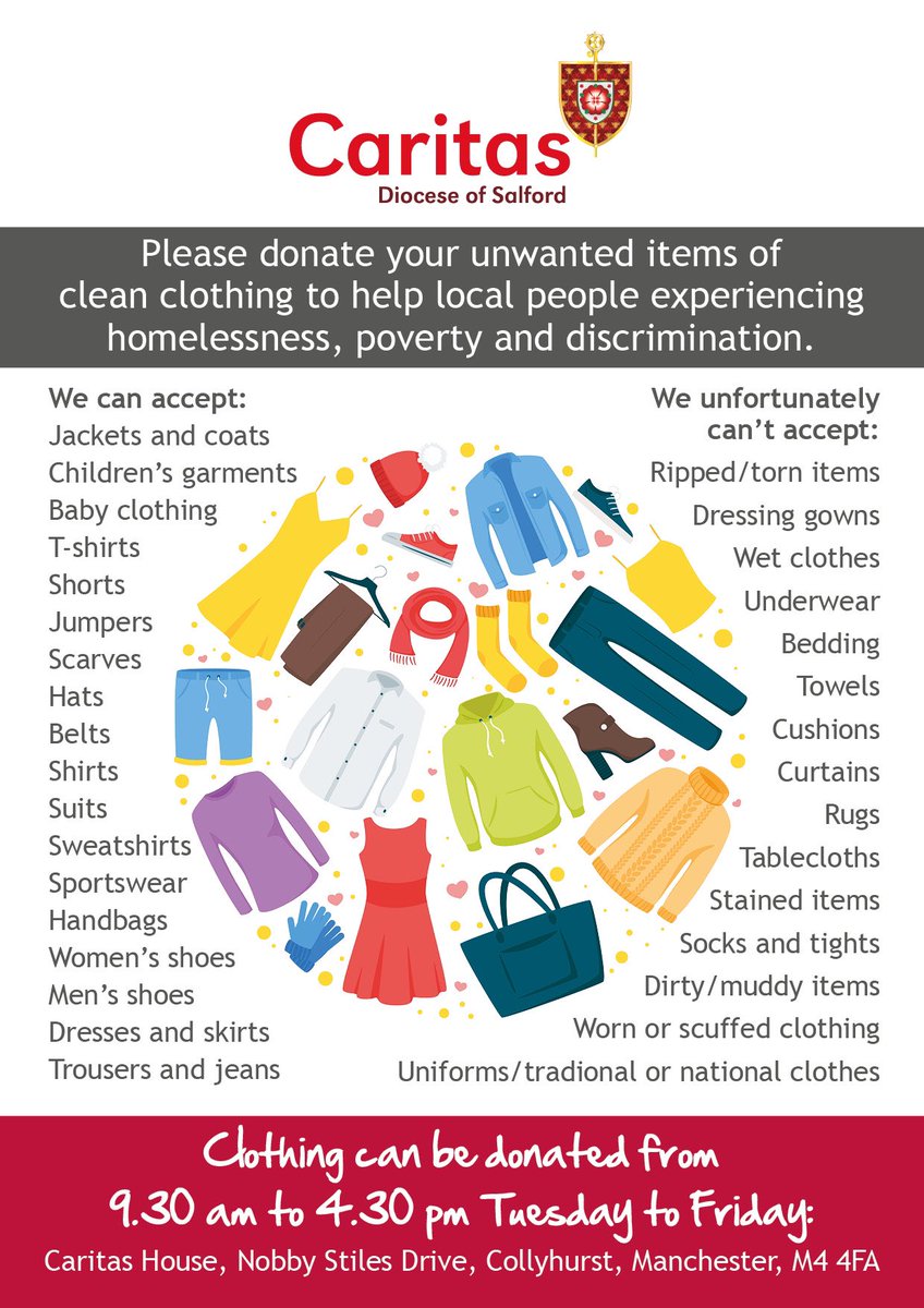 Caritas_Patrick's tweet photo. Having a clear-out?  Tidying the wardrobe to make way for your winter woollies?  

We're appealing for donations of clothing items to help us support more people experiencing homelessness, poverty and disadvantage in Greater Manchester and Lancashire: 

https://t.co/FbUVOn0m59… https://t.co/CKDpx156eW
