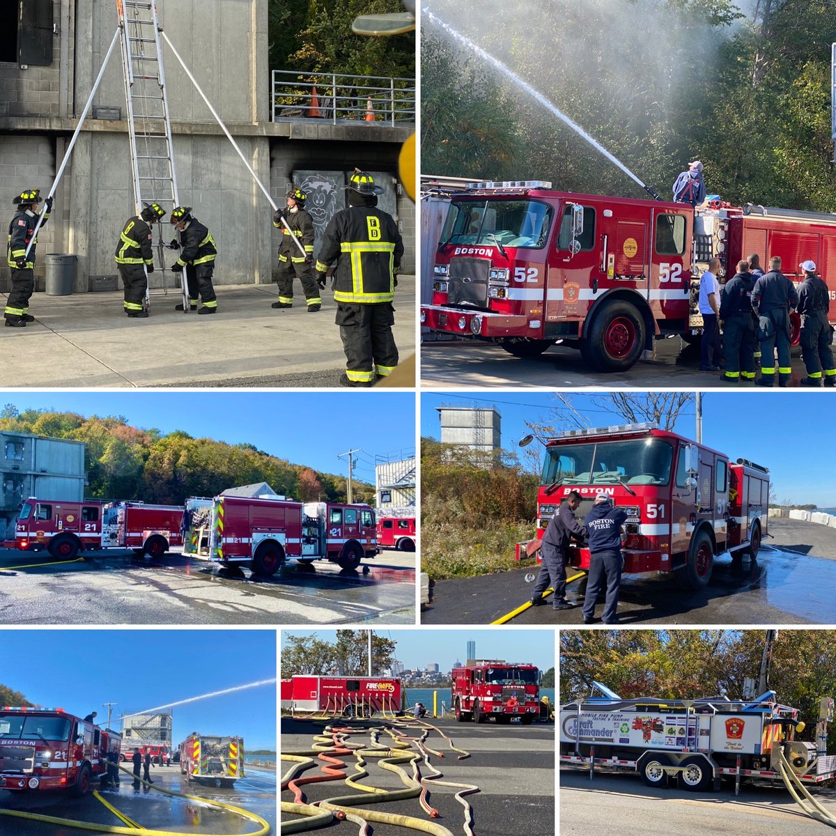 BostonFire's tweet photo. A busy week at the BFD training academy. E-21, 51 & 52 are training on their new Fire Engines, soon to be put in service. Engine companies are testing all their hose lines , & they testing all the pumps on the Engines. The academy also has a class of new recruits class. https://t.co/oOW1dpTnP0