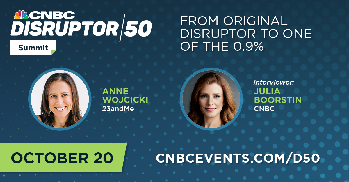 cnbcevents's tweet photo. .@23andMe is one of the few female-led publicly traded companies, now facing the same challenge many disruptors face: the challenge of convincing investors to believe in its next act. @annewoj23 joins #Disruptor50 to discuss this and more. Sign up: https://t.co/qAvxpVRI98 https://t.co/jb0LtCwnqZ