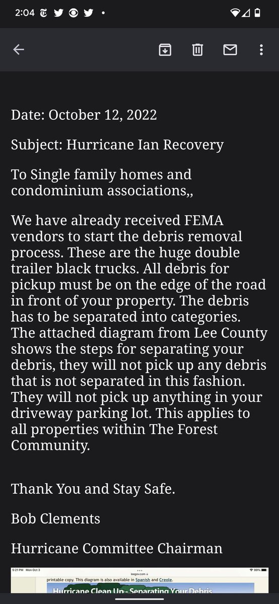 lauren_sween's tweet photo. Let the ugliness after the "togetherness" begin.  This is the second note from our HOA about "proper debris piles".  Didn't know there was a right way to throw out your entire life on the street.  Next time I lose everything I'll try to keep this in mind, Bob. #HurricaneIan https://t.co/51zNT17PFr