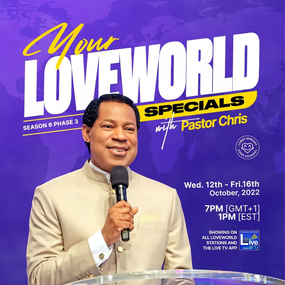 We are Live 🟣

It's time to receive
 BREAKING NEWS from the 
DIVINE HEADQUARTERS 

Login through 
any Loveworld network or social media platform.
 
#YLWS #YourLoveWorldSpecials #PastorChris