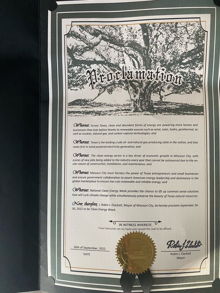 PowerAllianceTX's tweet photo. Thank you Mayor Robin J. Elackatt and @MissouriCityTX for pledging to support investment in Texas’ affordable, reliable, homegrown #CleanEnergy resources. #TXLege #CleanEnergyWeek2022 @RepAlGreen @SheriffTNehls @RonEReynolds @RepAllenTX131 @BorisLMiles @JoanHuffman @JohnCornyn https://t.co/GyBuASQEgb