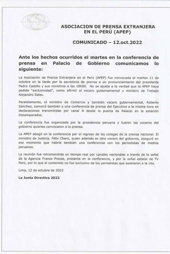 Ojo! Comunicado de la Asociación de Prensa Extranjera en el Perú @APEP_peru