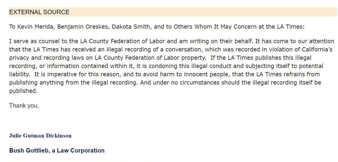 For those who have asked: Early Sunday, @LALabor sent this legal threat trying to stop @latimes journalists from publishing the racist comments made by top L.A. officials inside federation offices. I’ve asked the federation whether it has changed its position on the leak itself.