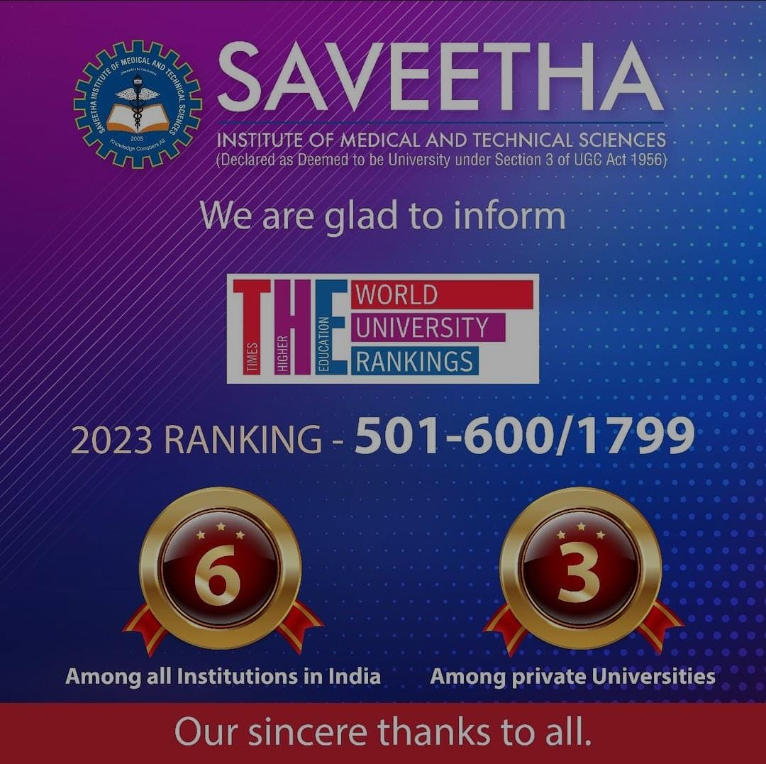 SdcForensic's tweet image. Times World Ranking 2023
6th position among all institutions in India
3rd position among all private universities

#simats
#saveethauniversity #sdcforensic #saveethaforensic #world rankings