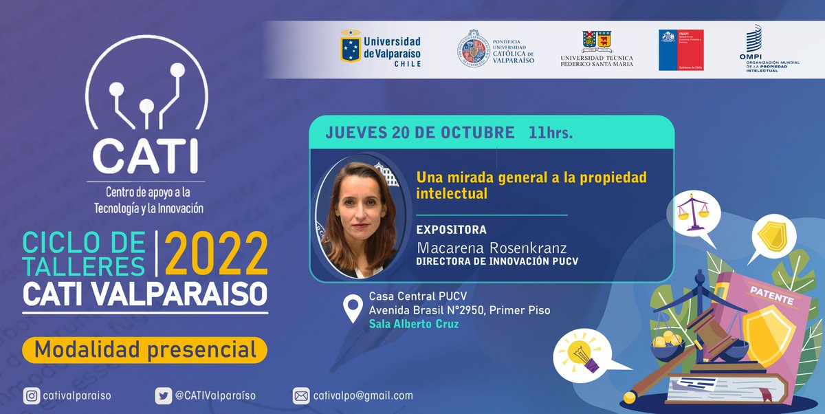 🚨CAMBIO DE HORA🚨Estimada comunidad, informamos que la charla presencial "Una mirada general a la propiedad intelectual" se reagendará para el próximo jueves 20 de octubre en el mismo horario y locación ¡Los esperamos!
👉bit.ly/3CuKQv2