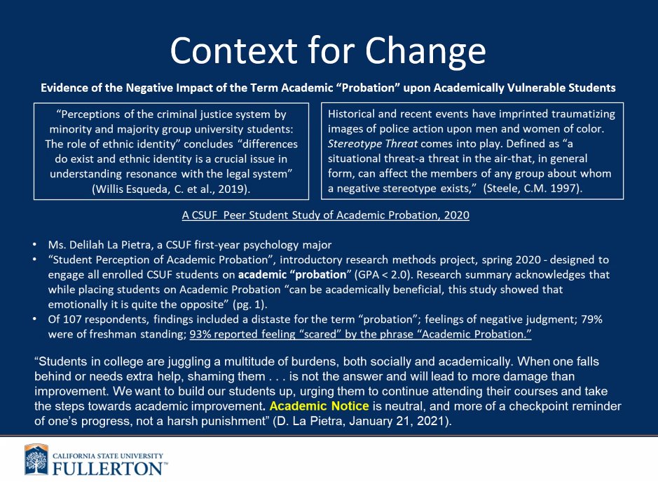 CSU_SuccessNet's tweet image. Information shared during our session regarding the history of “Academic Probation” and the need for more equitable change regarding the term and process for #students. #CSUStudentSuccess2022
