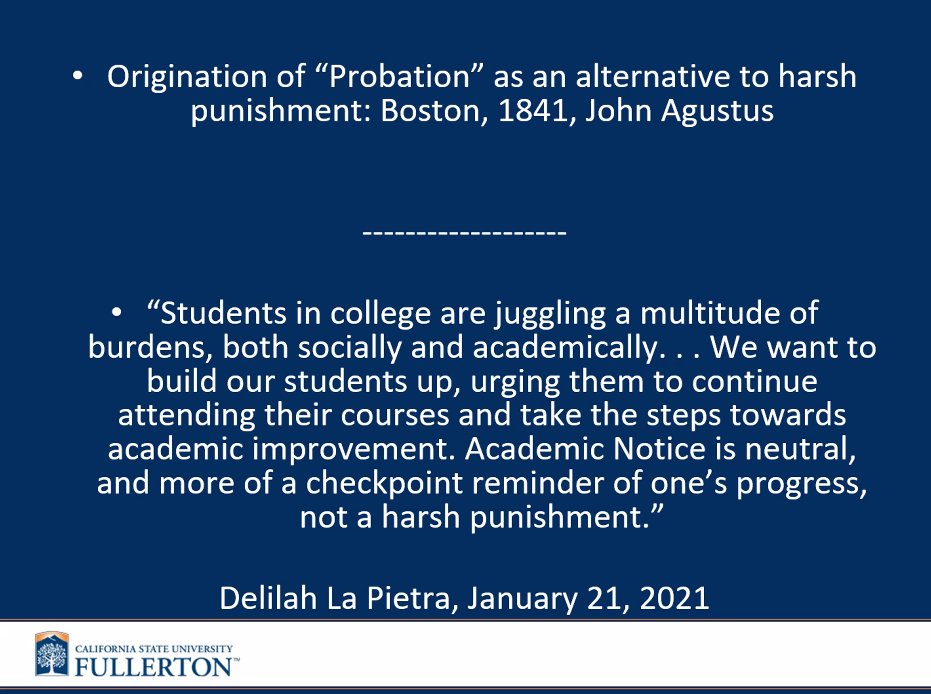 CSU_SuccessNet's tweet image. Information shared during our session regarding the history of “Academic Probation” and the need for more equitable change regarding the term and process for #students. #CSUStudentSuccess2022