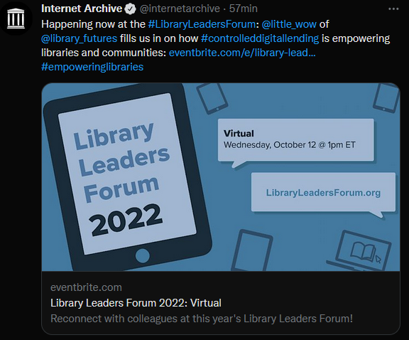 mtenaespinoza's tweet photo. Más de 200 bibliotecarios reunidos en el Library Leaders Forum 2022 #LibraryLeadersForum organizado por la @internetarchive 🌐🤓👩🏾💻🧑🏾💻👨🏾💻🫱🏾🫲🏽
Defendiendo los prestamos digitales y los derechos digitales!💪🏾
#empoweringlibraries #controlleddigitallending #AccionBibliotecaria https://t.co/Z3EoyBbPea