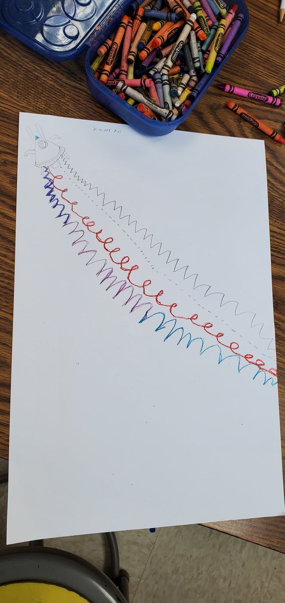 2nd grade is working on the element of art called line.  We are using types of line to make a spaceship blasting off!  When finished with crayon students will learn how to do a wax resist painting with watercolor paint.