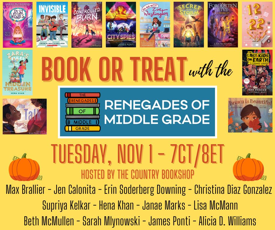 Boooook or Treat...it's time for the next @RenegadesofMG BOOK TASTING event! Join a dozen fun #MG authors as we share secrets and stories from our recent and upcoming fall/winter new releases. FREE - pre-register here: forms.gle/UmGgPU5YjKonA5… Hosted by our friends @countrybooks!
