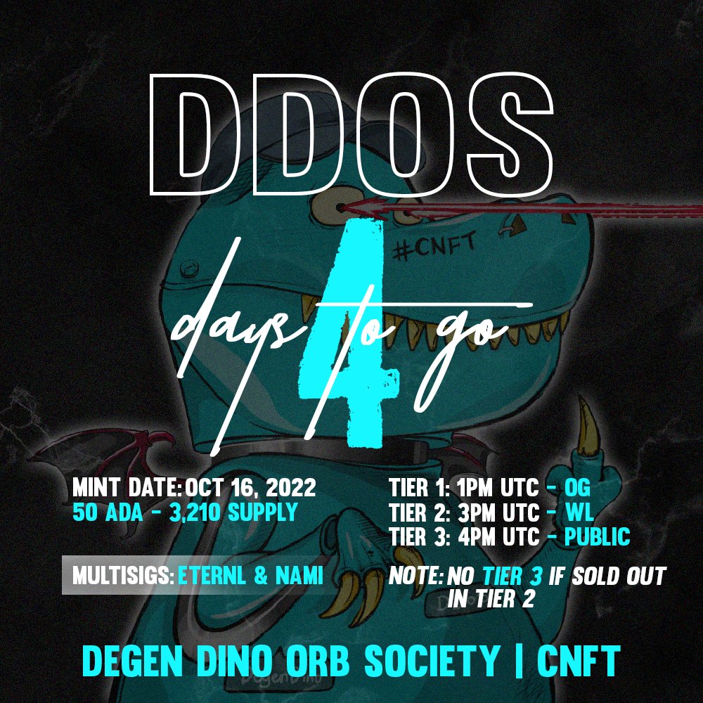 𝐓𝐡𝐞 𝐨𝐟𝐟𝐢𝐜𝐢𝐚𝐥 𝐌𝐢𝐧𝐭 𝐢𝐬 𝐢𝐧 𝟒 𝐝𝐚𝐲𝐬!

#CNFTGiveaway a OG Pass(Floor 125 $ADA)
➤ Follow <a href="/DDoS_BD/">BD</a> <a href="/DDoS_CNFT/">Degen Dino orb Society | Raffle Beta OUT!</a> 
➤ RT &amp; Tag 2 frens
➤ Join our discord

𝟐𝟒 𝐇𝐑𝐒

3210 NFTs &amp; Mint Price 50 A 
#CNFT #CardanoNFT