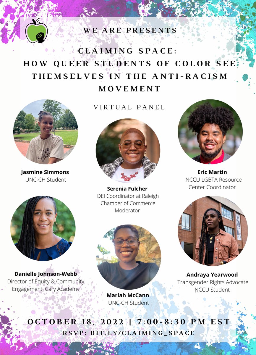 Please join us on October 18th, 2022 from 7-8:30 pm EST. The topic we will be discussing is "Claiming Space: How Queer Students of Color See Themselves in the Anti-Racism Movement". 

 RSVP here:  bit.ly/Claiming_Space