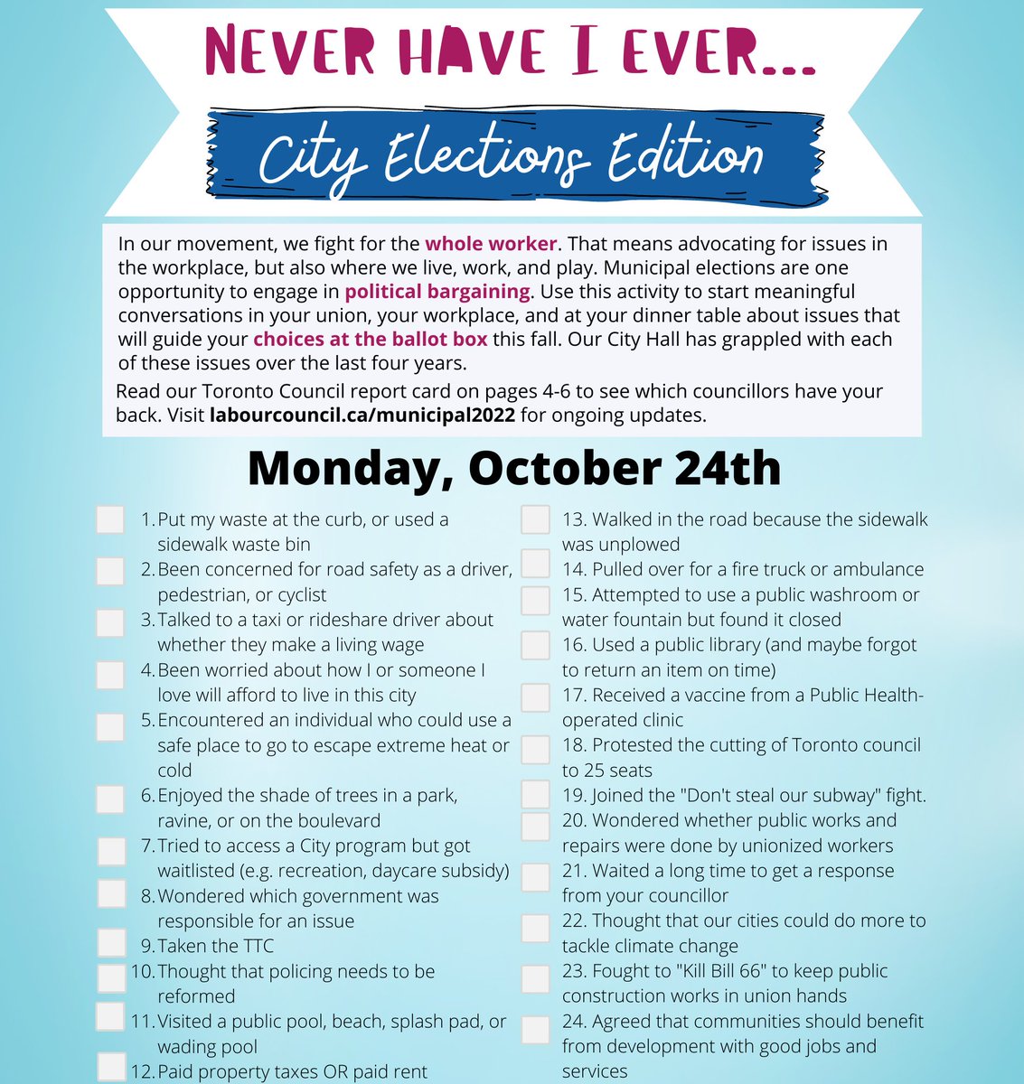torontolabour's tweet photo. To see why voting matters, take a look at the back page of our Summer #LabourAction. It offers 24 examples of why we need city governments that have our backs,from public sector waste management,to libraries, to improving our public transit & road safety. #TOelxn22 #GetOutTheVote https://t.co/L5kywALOg6