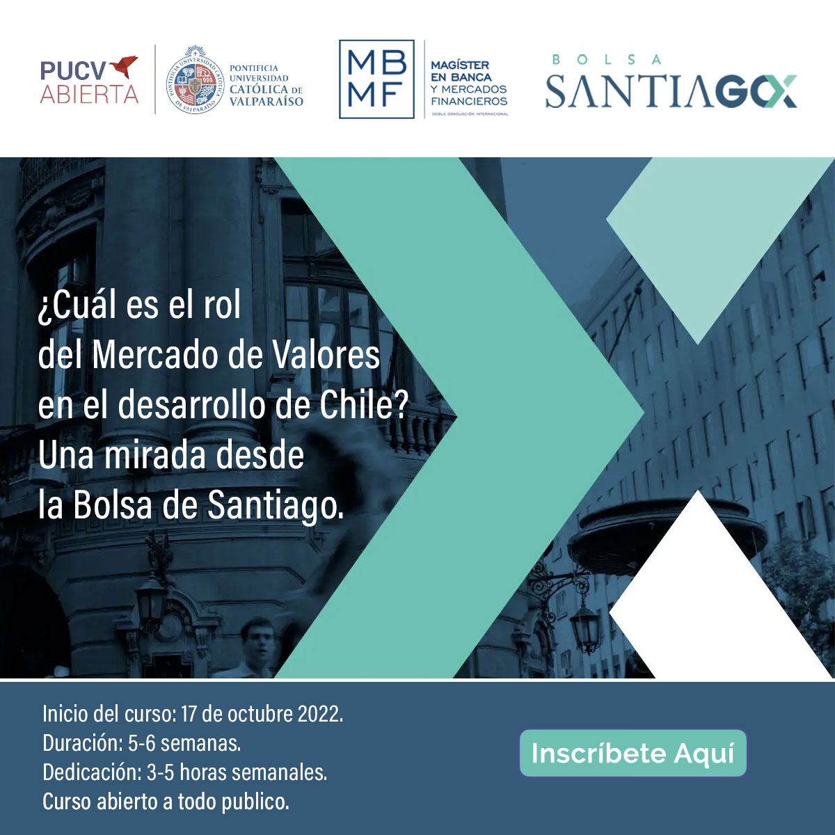 [AGENDA📅] Amig@s, <a href="/Bolsadesantiago/">Bolsa de Santiago</a> y <a href="/pucv_cl/">PUCV</a> los invitan a participar del curso “¿Cuál es el rol del mercado de Valores en el desarrollo de Chile? Una mirada desde la Bolsa De Santiago”.

📌Inicio lunes 17 de octubre.
📝Inscríbete aquí ➡️ bit.ly/3CQcBiN

#MBMF #PUCV