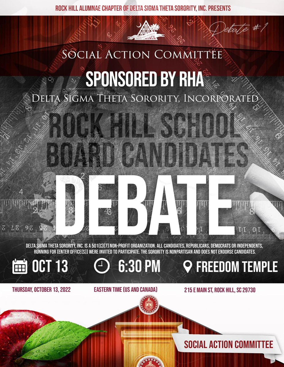Please join the RHA Chapter of Delta Sigma Theta Sorority, Inc. on October 13 for a feature of the candidates running for RH School Board! All candidates have been invited to attend this event. 

*Delta Sigma Theta, Sorority Inc. does not endorse any candidate for elected office.