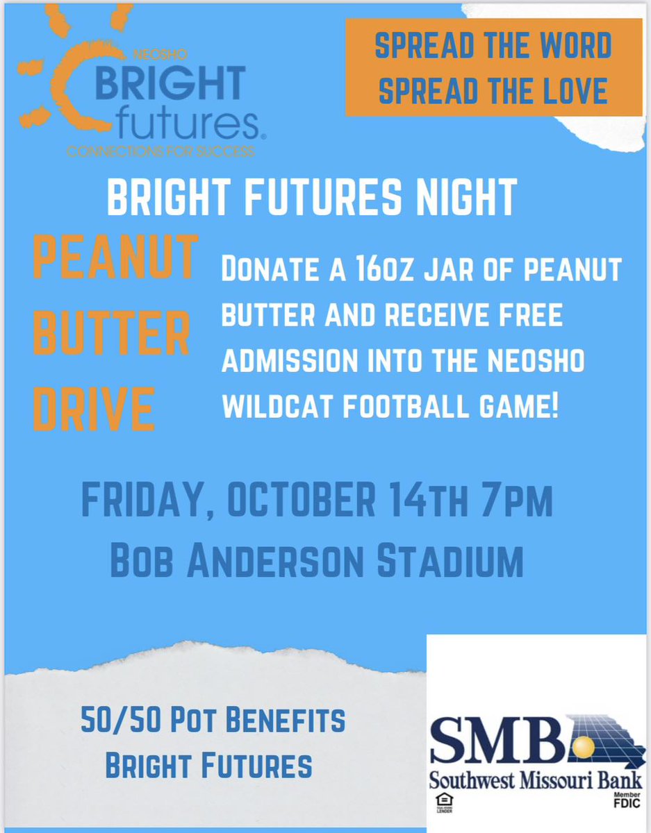 SPREAD the word! Donate a 16 oz jar of peanut butter and receive FREE entry into Friday's Neosho Wildcat football game!🏈
These donations are a part of Bright Futures Neosho peanut butter drive. Be sure to have it on hand when you enter the stadium! Go Wildcats!💛🖤
